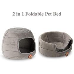 Hollypet Self-Warming 2 in 1 Foldable Cave Shape High Elastic Foam Pet Cat Bed for Cats and Small Dogs, 16 × 16 × 12.5 Inches