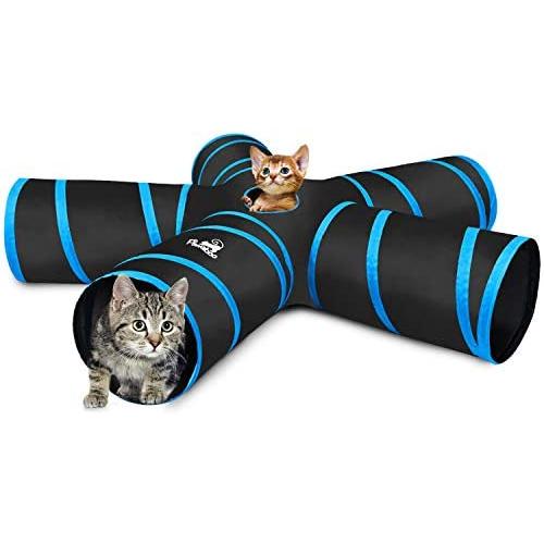 Pawaboo Cat Toys, Cat Tunnel Tube 5 Way Tunnels Extensible Collapsible Cat Play Tent Interactive Toy Maze Cat House with Balls and Bells for Cat Kitten Kitty Rabbit Small Animal, Black & Light Blue