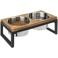 MyGift Rustic Burnt Wood & Black Metal Pet Dog and Cat Raised Double Feeder with Stainless Steel Bowls, Small to Medium Sized Pets