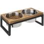 MyGift Rustic Burnt Wood & Black Metal Pet Dog and Cat Raised Double Feeder with Stainless Steel Bowls, Small to Medium Sized Pets