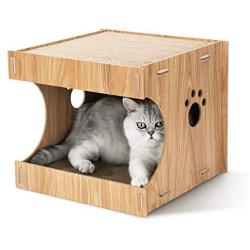 HIPIPET Cat Cardboard Scratcher House Hideaway Beds Box with 4 Replacement Cat Scratch Pad Detachable Cat Cave Bed Lounge, Cat Hut with Catnip