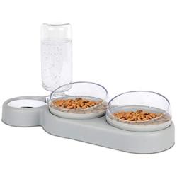 zxcvbn Three Dogs Cat Bowl Set，15°Tilt and 360°Rotatable Double Food Bowl，Double Bowl of Wet and Dry Food with Automatic Water Bottle Bowl，Small and Medium Dogs and Cats use