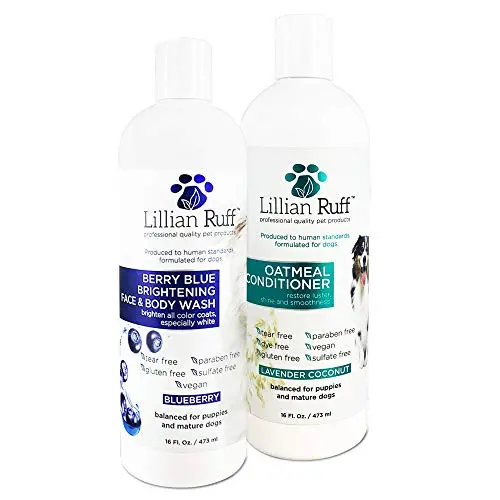 Lillian Ruff Berry Blue Brightening Face & Body Wash & Oatmeal Conditioner For Dogs and Cats - Tear Free With Aloe For Normal, Dry & Sensitive Skin – Remove Tear Stains Add Shine & Luster Coats
