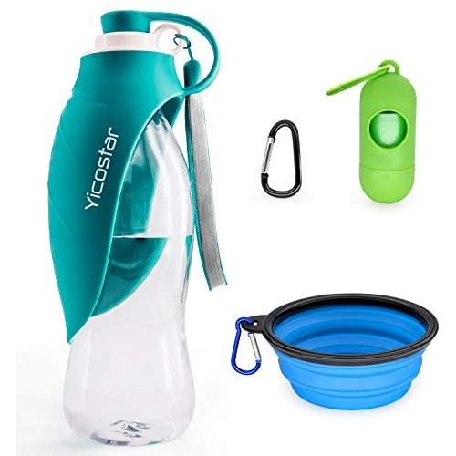 Yicostar Dog Water Bottle for Walking, 20 OZ Travel Pet Water Bottle with Collapsible Dog Bowl and Potty Waste Bag for Dogs, Portable Dog Water Dispenser for Hiking, Parking and Outdoor