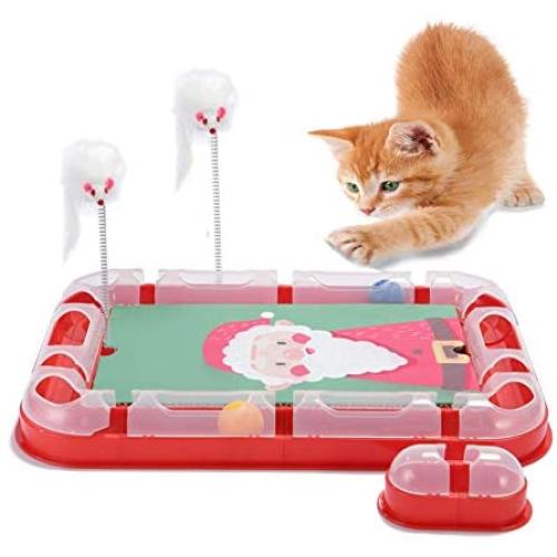 PGFUN 3 in 1 Cat Track Toy with Scratching Pad, Reversible & Replaceable Cardboard Cat Scratcher with Balls & Wand Toy