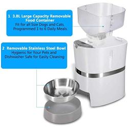 HoneyGuaridan Automatic Pet Feeder, Dogs, Cats, Rabbit & Small Animals Food Dispenser with Stainless Steel Pet Food Bowl, Portion Control and Voice Recording - Batteries and Power Adapter Support
