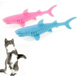 IKAAR Catnip Toys Interactive Cat Toys Catnip Fish Toy Toothbrush, Soft Mint Shark Shaped Cat Chew Toy for Cats Kitten Chew Pet Supplies Pack of 2 (Blue + Pink)