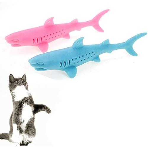 IKAAR Catnip Toys Interactive Cat Toys Catnip Fish Toy Toothbrush, Soft Mint Shark Shaped Cat Chew Toy for Cats Kitten Chew Pet Supplies Pack of 2 (Blue + Pink)