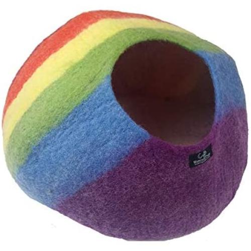 Walking Palm Felted Wool Cat Cave Bed Rainbow