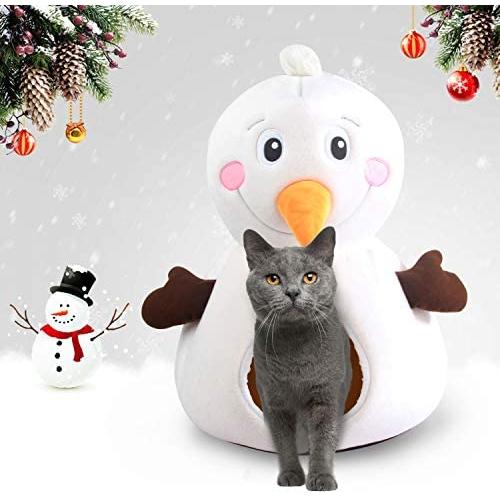 PAWISE Christmas Cat Cave Soft Cat Bed Indoor Christmas Tree Cozy Cat House Winter Warm Snowman Cat Cave