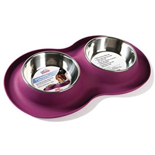 Pet Parade Dual Bowl Silicone Mat-Mess - Free Feeding Bowl for Cats & Dogs - Non-Skid Silicone Base - Machine Washable Stainless Steel Bowls - Available in 5 oz. or 12 oz. Bowls