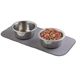 mDesign Premium Quality Microfiber Polyester Pet Food and Water Bowl Feeding Mat for Cats - Ultra Absorbent Reversible Placemat - Folds for Compact Storage - Small - Pewter Gray/Ivory