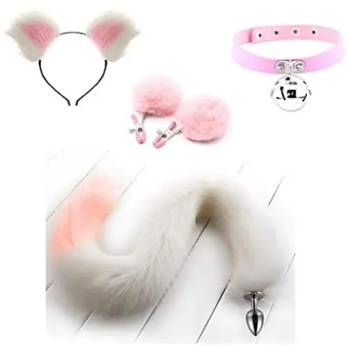 4 Pcs Couples Roleplay Costume Props Set Cat Eārs Haedband Táil Būtt Plúg & Bell Chǒker Toys (White-Pink,M) 4 Pcs Couples Roleplay Costume Props Set Cat Eārs Haedband Táil Būtt Plúg & Bell Chǒker Toys (White-Pink,M)