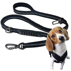 Dog Seat Belt for Car- 3-in-1 Multifunctional Pet Safety Belt Reflective Bungee Dog Car Harness with Elastic Shock Absorption Swivel Aluminum Carabiner，360° Rotating Metal Hook Clip Adjustable