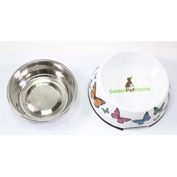 Sweet Pet Home 5.5'' Inch Diameter White with Butterflies Round Double Aluminum Dog Bowl with Rubber Rim