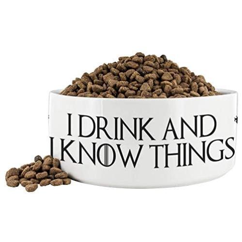 Awesome eMERCHency I Drink and I Know Things Lannister White Dog Bowl 7'' x 3'' Ceramic Dog Bowl/Plate Funny Pet Gift Inspired by Game of Thrones
