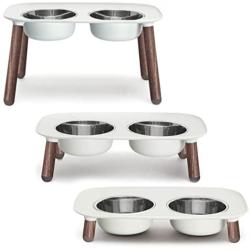 Messy Mutts Elevated Double Feeder with Stainless Bowls, Adjustable Height 3'' to 10'', 5 Cups Per Bowl, Light Grey, Faux Wood Legs