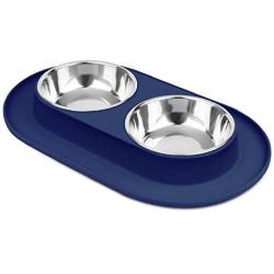 Flexzion Double Dog Bowl Feeding Station, Skid Proof Silicone Base with Spill Proof Raised Lip & Two 12oz Stainless Steel Bowls for Food and Water, Ideal for Small to Medium Size Dogs Cats Pet