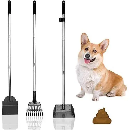 EXPAWLORER Pet Poop Tray, Rake and Spade Set - 3 Pack Pooper Scooper Pet Waste Removal Long Handle Bin with Rake for Dog, Silvery & Gray