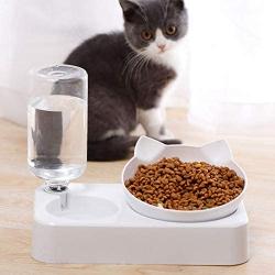 Luck Dawn Dog Cat Automatic Water Bowl with Raised Stand, 0-15 Degree Adjustable Tilted Design Neck Guard Stand Raised Elevated Pet Food Water Feeder Bowl Set for Cats or Small Dogs