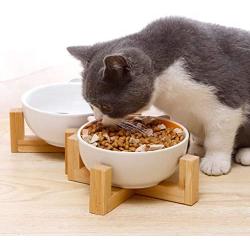 QINYUAN Cat Bowl, Cute Dog Food Water Feeder Pet Puppy Ceramic Drinking Dish with Wooden Rack Non-Slip Tableware Feeding Supply Accessorie