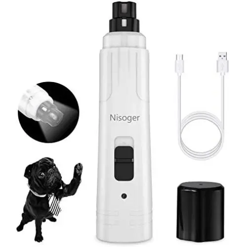 Nisoger Dog Nail Grinder, Upgraded LED Lighting 2-Speed Pet Nail Trimmer USB Rechargeabl Professional Quiet Electric Pet Nail Clippers for Small Medium Large Dogs & Cats