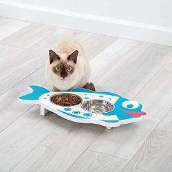 E.P.C Elevated Hand Painted Fish Design Wood Pet Feeder with 2 Stainless Steel Bowls