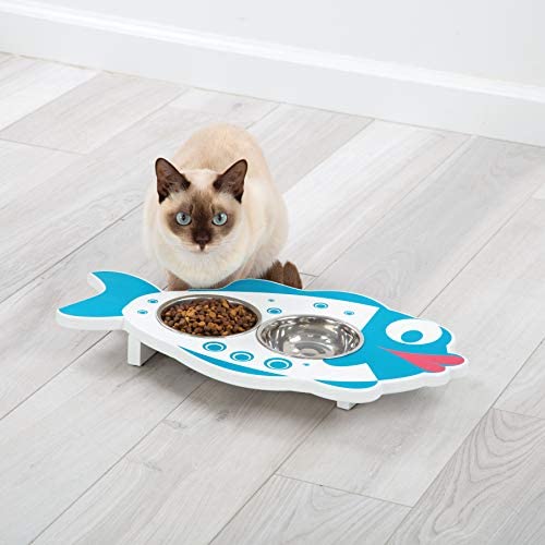 E.P.C Elevated Hand Painted Fish Design Wood Pet Feeder with 2 Stainless Steel Bowls