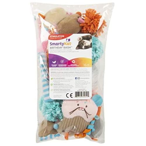 SmartyKat, Birthday Bash Cat Toy Bundle, Soft Plush Cat Toys, Catnip Filled, Pure, Potent, Durable, with Raffia, Variety Pack (16 ct.)