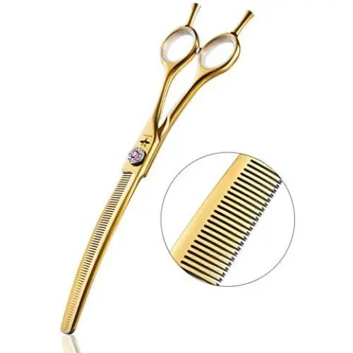 7 Inch Downward Curved Dog Grooming Scissors Thinning Texturizing Shears Professional Safety Blunt Tip Trimming Shearing for Dogs Cats Face Paws Limbs Japanese Stainless Steel Purple, Yellow