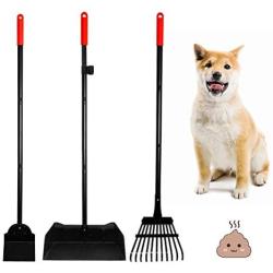 EXPAWLORER Dogs Poop Scooper 37.4 Inches Pet Poop Tray, Rake and Spade Set with Detachable Long Handle Stainless Steel for Medium to Large Pets