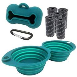 Portable Silicone Collapsible Dog Bowls and Dog Poop Bags Dispenser with 5 roll (100 pcs) Strong Plastic Bags and D-Ring