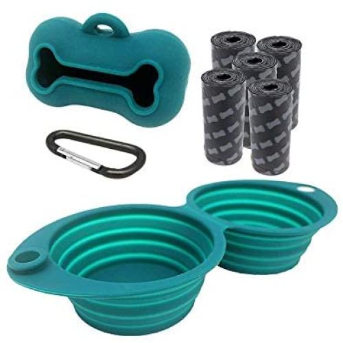 Portable Silicone Collapsible Dog Bowls and Dog Poop Bags Dispenser with 5 roll (100 pcs) Strong Plastic Bags and D-Ring