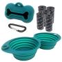 Portable Silicone Collapsible Dog Bowls and Dog Poop Bags Dispenser with 5 roll (100 pcs) Strong Plastic Bags and D-Ring