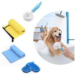 SEICIPET 5 in 1 Pet Grooming Shower Brush Kit | 2pcs Dog Deshedding Glove | Absorbent Pet Bath Towel | Self Cleaning Slicker Brush for Dogs & Cats | Pet Hair Remover Brush Gloves Tool Combo Gift Set