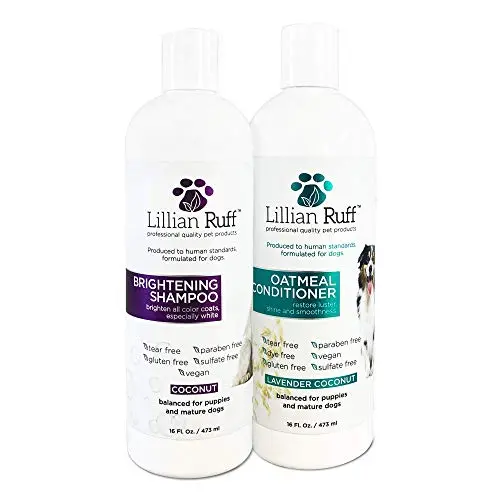 Lillian Ruff Brightening & Whitening Shampoo For Dogs – Safe for Cats - Tear Free Coconut Scent With Aloe For Normal, Dry & Sensitive Skin – Adds Shine & Luster to All Color Coats (Brightening & Oatmeal Conditioner Set) Lillian Ruff Brightening & Whitening Shampoo For Dogs – Safe for Cats - Tear Free Coconut Scent With Aloe For Normal, Dry & Sensitive Skin – Adds Shine & Luster to All Color Coats (Brightening & Oatmeal Conditioner Set)