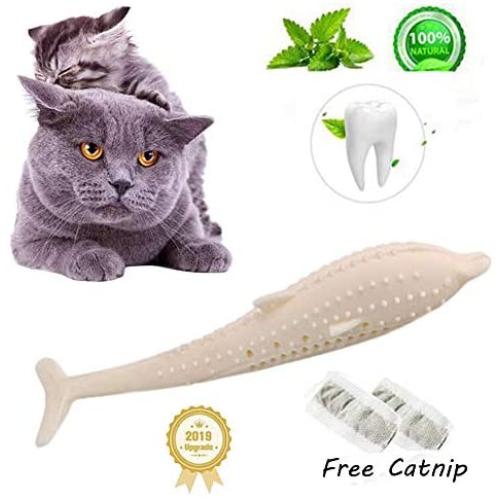 Pet Cat Fish Shape Toothbrush with Catnip Toys，New Interactive Tooth Cleaning Toy for Kitten Kitty，Multi-Function Food Grade Silicone Cat Molar Stick，Get Rid of Bad Breath & Keep Teeth Healthy