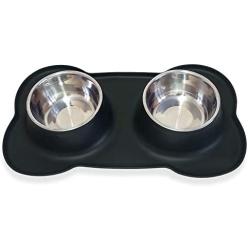 Petek Double Dog Cat Feeder Bowls Stainless Steel Food and Water Bowls with No Spill Non-Skid Silicone Mat, Double Pet Bowls (27oz Each) Set for Dogs Cats, Black