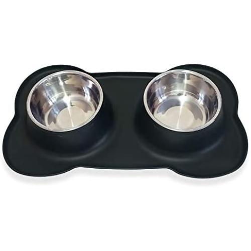 Petek Double Dog Cat Feeder Bowls Stainless Steel Food and Water Bowls with No Spill Non-Skid Silicone Mat, Double Pet Bowls (27oz Each) Set for Dogs Cats, Black