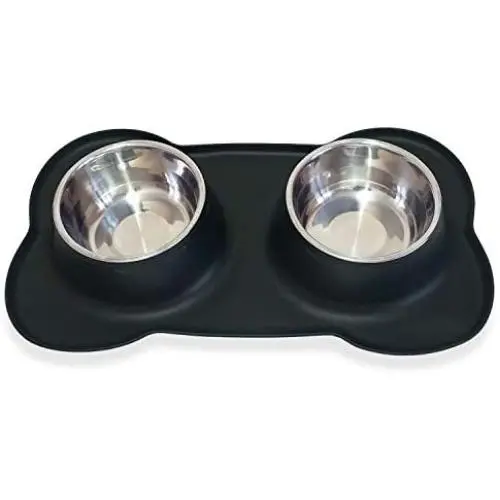 Petek Double Dog Cat Feeder Bowls Stainless Steel Food and Water Bowls with No Spill Non-Skid Silicone Mat, Double Pet Bowls (27oz Each) Set for Dogs Cats, Black Petek Double Dog Cat Feeder Bowls Stainless Steel Food and Water Bowls with No Spill Non-Skid Silicone Mat, Double Pet Bowls (27oz Each) Set for Dogs Cats, Black