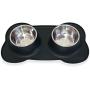 Petek Double Dog Cat Feeder Bowls Stainless Steel Food and Water Bowls with No Spill Non-Skid Silicone Mat, Double Pet Bowls (27oz Each) Set for Dogs Cats, Black
