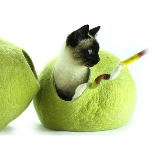 Kivikis Cat Bed, House, Cave, Nap Cocoon, Igloo, 100% Handmade from Sheep Wool (XL 17-26 pounds cat, Birch Green)