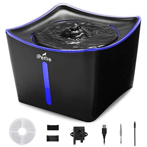 iPettie Kamino Pet Water Fountain, 101oz/3L, Ultra-Quiet Automatic Cat Water Dispenser with LED Light & Water Level Window, Auto Power Off USB Pump & Dual Filters for Cats and Dogs | Black
