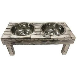 Huntley Pet Berjen Table Elevated Double Bowl Pet Feeder, White Wash