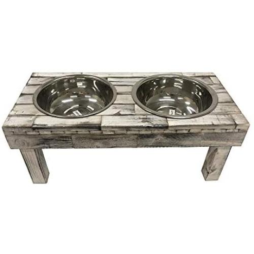 Huntley Pet Berjen Table Elevated Double Bowl Pet Feeder, White Wash