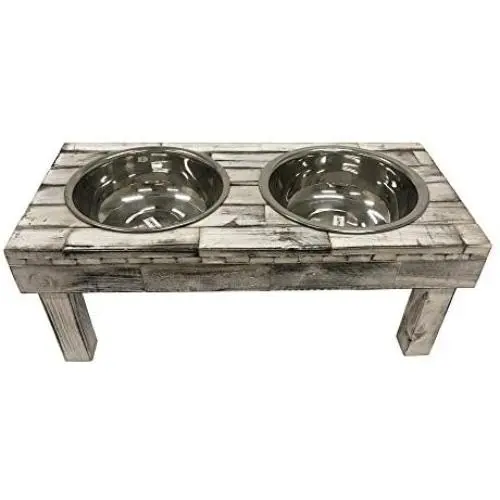 Huntley Pet Berjen Table Elevated Double Bowl Pet Feeder, White Wash Huntley Pet Berjen Table Elevated Double Bowl Pet Feeder, White Wash