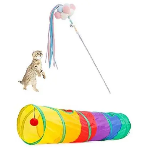 2PCS Cat Rainbow Tunnel Pet Tube Foldable Amusement Kitten Toy Indoor Outdoor 1PC Cat Feather Toy Interactive Stick Cat Toy Pet Toy with Bells and Pompoms (Pink and Blue) 2PCS Cat Rainbow Tunnel Pet Tube Foldable Amusement Kitten Toy Indoor Outdoor 1PC Cat Feather Toy Interactive Stick Cat Toy Pet Toy with Bells and Pompoms (Pink and Blue)