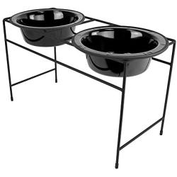 Platinum Pets Modern Double Diner Feeder with Stainless Steel Cat/Dog Bowl, Large, Midnight Black