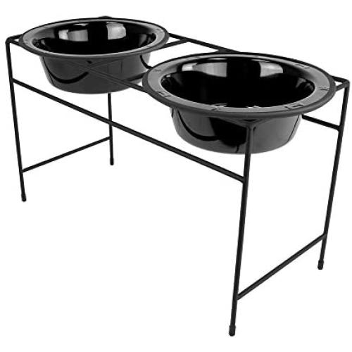 Platinum Pets Modern Double Diner Feeder with Stainless Steel Cat/Dog Bowl, Large, Midnight Black