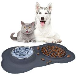 Double Dog Bowls, Pet Stainless Steel Water Bowl,3 in 1 Dog Slow Feeder with Non-Spill Silicone Tray Bone Shape Non-Slip Mat, Collapsible Removable Dog Cat Food Water Bowl